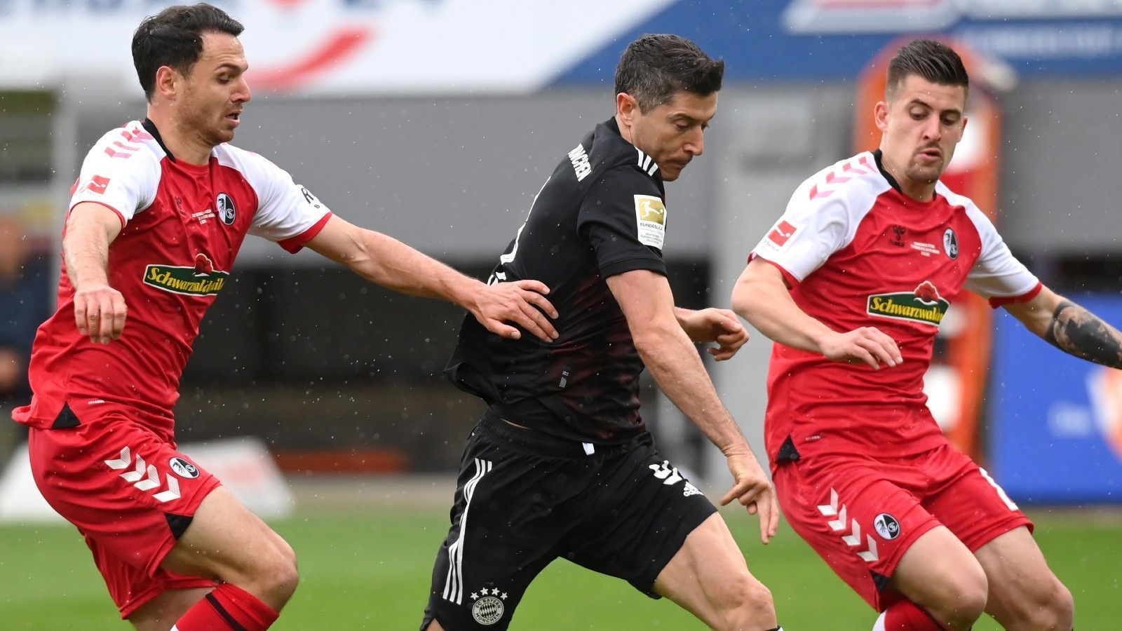 
                <strong>Robert Lewandowski</strong><br>
                Lauert von Minute eins an auf seinen 40. Bundesligatreffer. Glänzt zunächst aber als Vorlagengeber, als er in der 23. Minute zentimetergenau in den Lauf von Sane passt, der jedoch an Flekken scheitert. Schreibt nur drei Minuten später Geschichte und versenkt nach Foul an Müller einen Elfmeter im Freiburger Tor. Damit stellt Lewandowski Gerd Müllers Bundesliga-Rekord von 40 Treffern in einer Saison ein. Beim Jubel zeigt Lewandowski ein "4ever Gerd Müller"-Shirt unter dem Trikot. Hat danach mehrfach den 41. Treffer auf Fuß und Kopf, scheitert aber an Flekken oder vielleicht sogar an den eigenen Nerven. Aufgrund der mangelnden Chancenverwertung nur ran-Note: 2
              