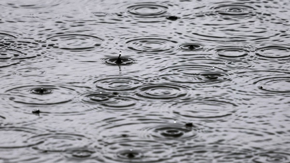 Regen prasselt auf die Wasseroberfläche des Hopfensees.