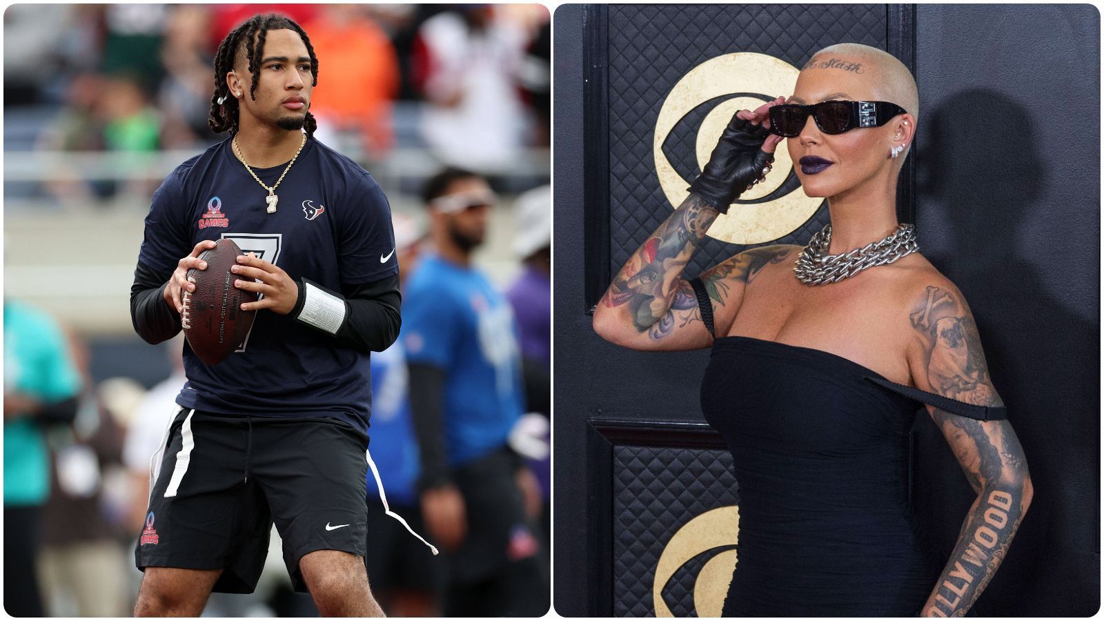 <strong>C. J. Stroud und Amber Rose<br></strong>Datet Texans-QB C. J. Stroud das Model Amber Rose? Die Gerüchte tauchten in den Medien auf, nachdem beide ein Softball-Spiel zusammen verlassen hatten. Rose gab im Anschluss via Instagram an, dass nichts dran sei. Beide haben sich demnach erst beim Spiel getroffen und er habe sie nur nach Hause gefahren. Welche Promis hingegen offiziell zusammen sind, seht ihr nachfolgend.