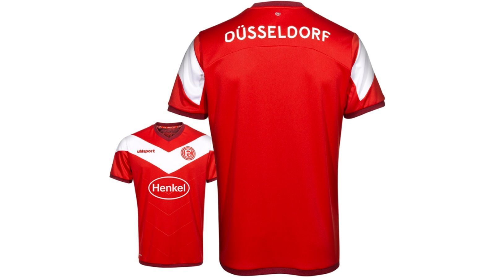 
                <strong>Fortuna Düsseldorf</strong><br>
                Der Aufsteiger aus der Landeshauptstadt Nordrhein-Westfalens trägt taditionell rot und weiß. Neu ist das weiße V auf dem Trikot.
              