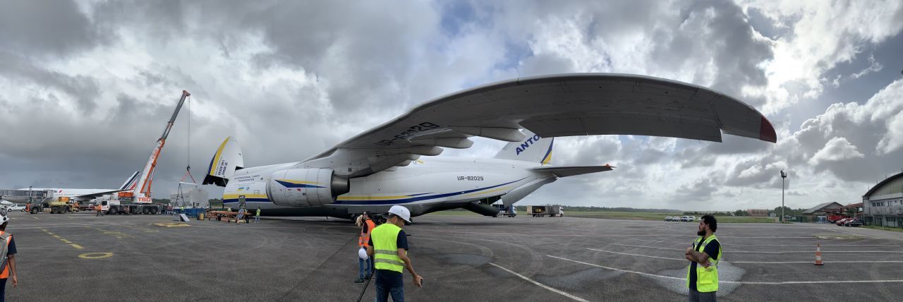 Nach zehnjähriger Bauzeit war Juice im Februar endlich mit einem Spezialflugzeug, einer Antonov An-124, von Toulouse nach Kourou geflogen.