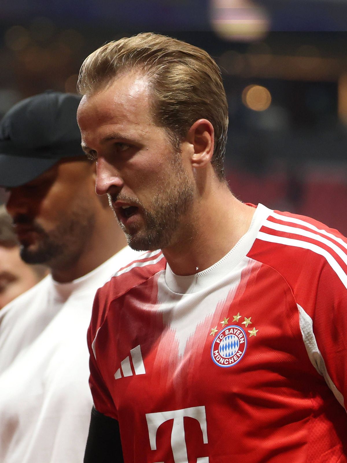Soccer: FIFA Club World Cup 2025-Quarterfinal-FC Bayern Munich at Paris Saint-Germain Jul 5, 2025; Atlanta, Georgia, USA; FC Bayern Munich forward Harry Kane (9) reacts at halftime against Paris Sa...