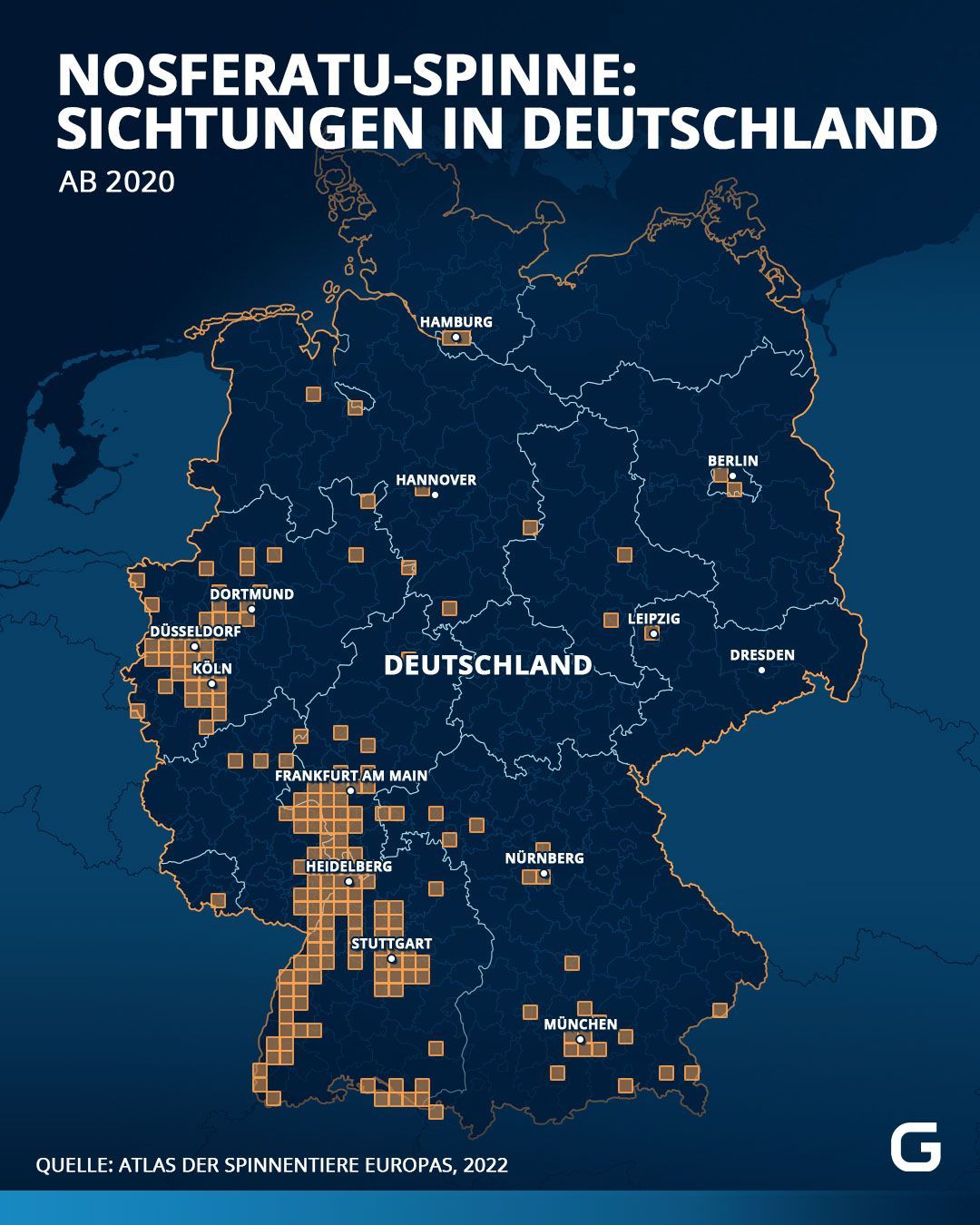 Hier wurde die Nosferatu-Spinne seit 2020 in Deutschland gesichtet (Stand 2022).