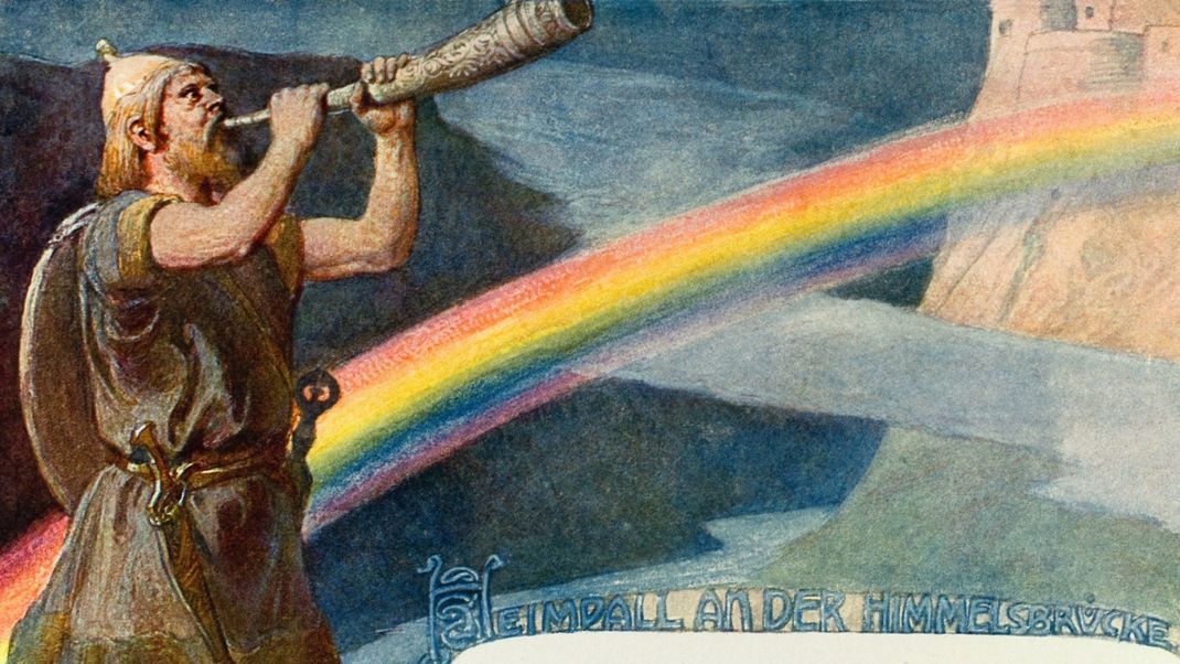 Der Gott Heimdal mit seinem Horn bewacht die Regenbogenbrücke.