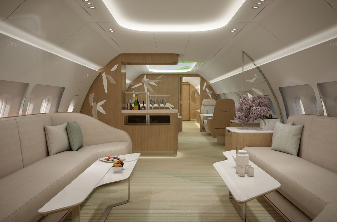 Keine Idee für ein herkömmliches Passagier-Flugzeug, sondern für einen privaten Jet ist dieses luxuriöse Konzept. Das Design stammt von Ameco.