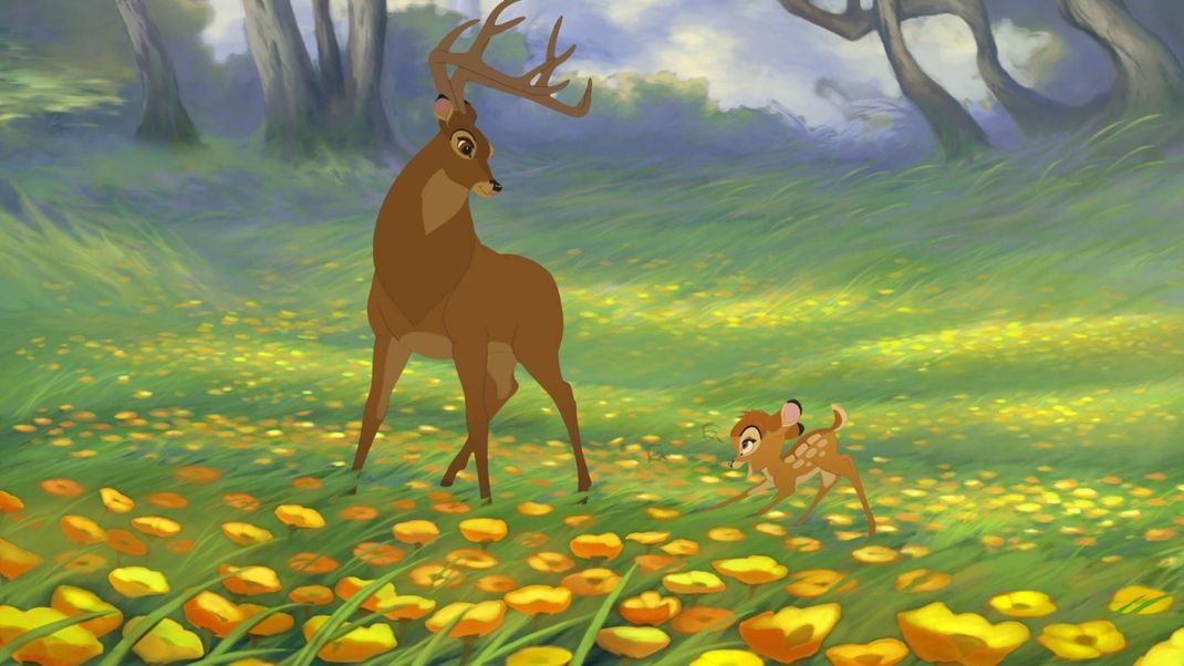 Im Disney-Film wird Bambi fälschlicherweise als Rehkitz bezeichnet. Deutlich zu sehen: Sein Vater ist ein Hirsch.