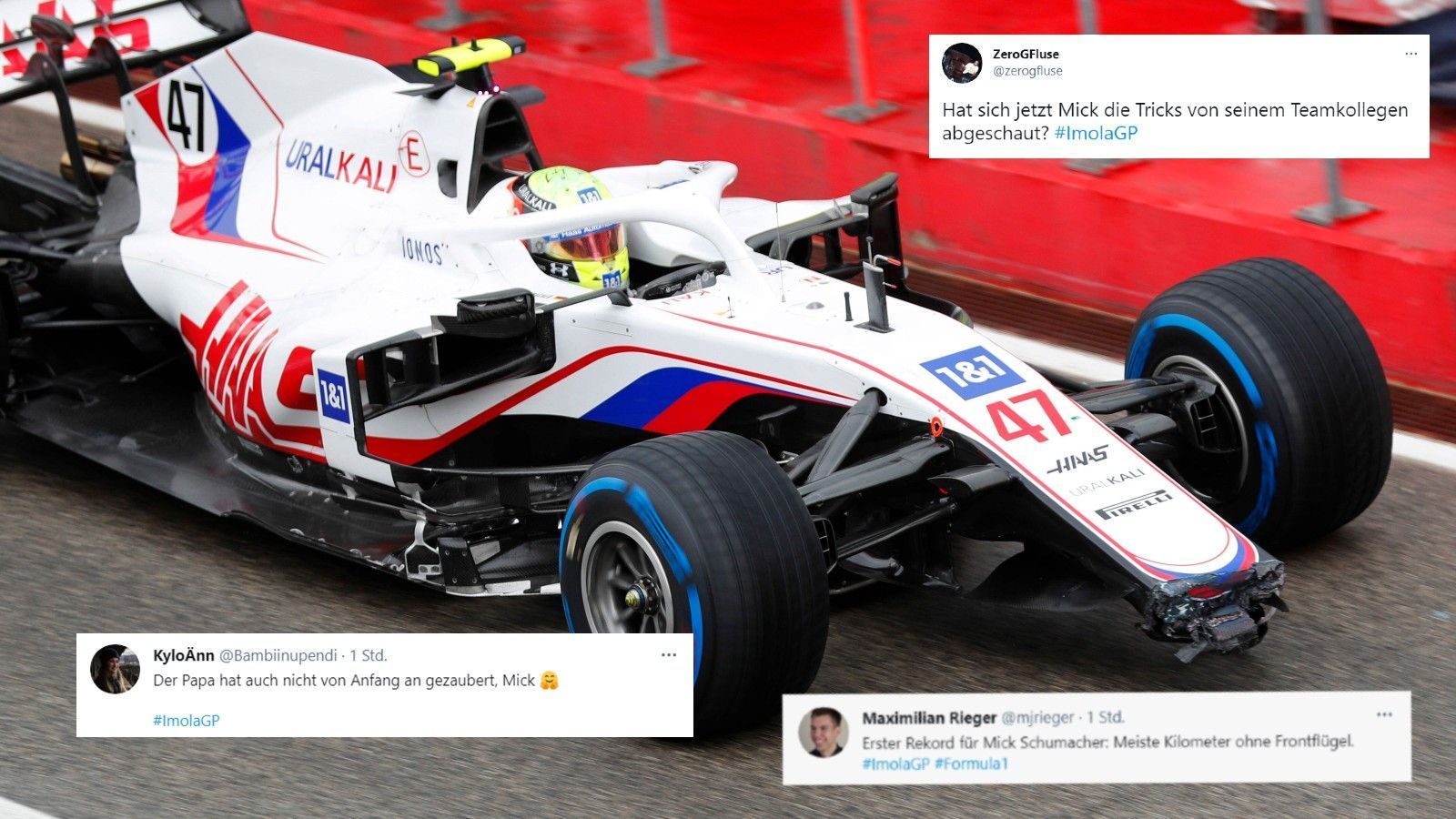 
                <strong>Mick ohne Frontflügel</strong><br>
                Gleich zu Rennbeginn fährt sich Mick Schumacher im Regen den Frontflügel ab. Weil dieser am Ausgang der Boxengasse liegt, wird diese geschlossen und der Deutsche kann sich kein Ersatzteil holen. Runde um Runde fährt der Rookie ohne Nase. Von den meisten Usern erfährt er jedoch Mitgefühl.
              