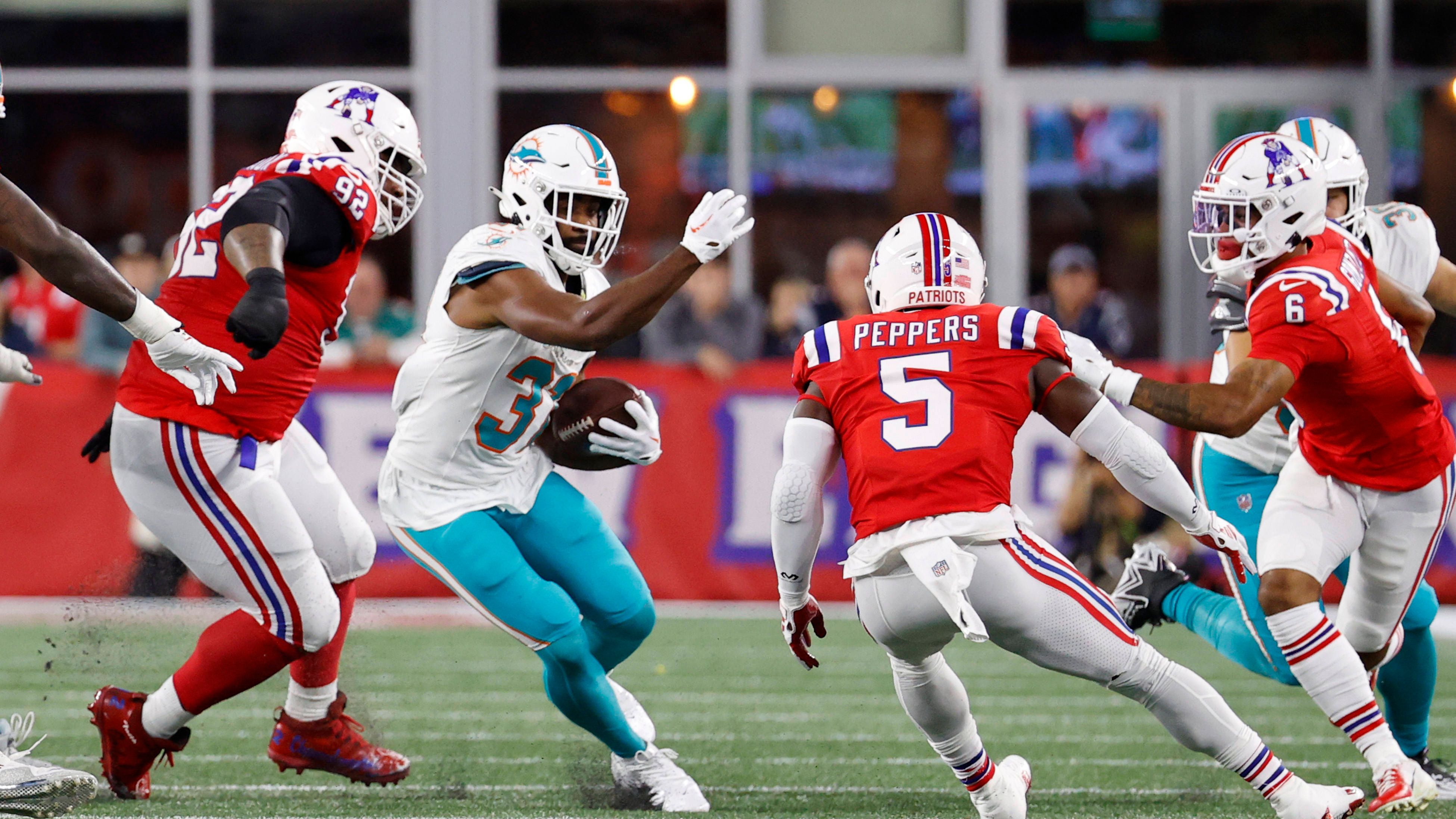 <strong>Platz 5: Raheem Mostert (Miami Dolphins, RB) mit 34,79 km/h</strong><br>Week 2 gegen die New England Patriots bei einem 43-Yards-Rushing-Touchdown (1st &amp; 10 an der gegnerischen 43-Yards-Markierung)