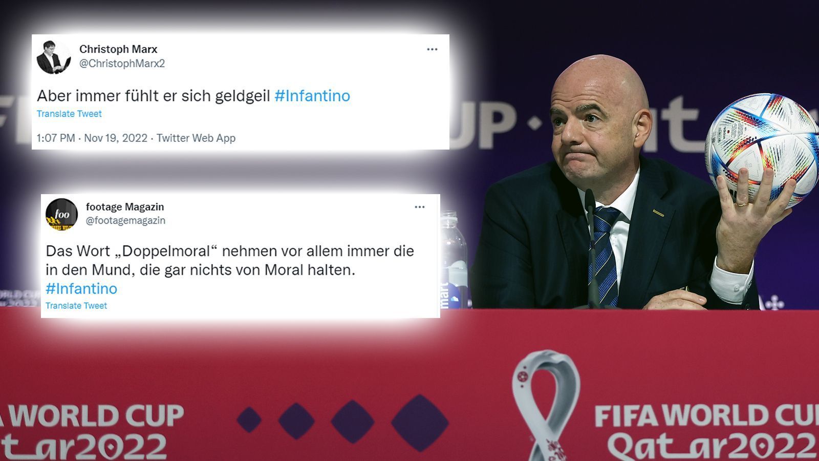 
                <strong>Infantino-Auftritt vor WM-Start: Netzreaktionen auf die Aussagen des FIFA-Bosses</strong><br>
                Vor dem Start der Fußball-WM 2022 in Katar wandte sich FIFA-Präsident Gianni Infantino auf einer skurrilen Pressekonferenz einmal mehr an die Kritiker des Turniers in der Wüste. ran zeigt die Netz-Reaktion auf Infantinos Auftritt.
              