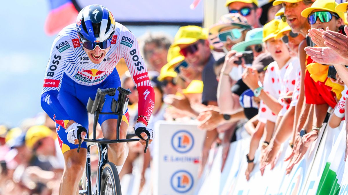 Tour de France 2025 Stage 13 PEYRAGUDES, FRANCE - JULY 18 : Lipowitz Florian (GER) of Red Bull BORA - Hansgrohe at the finish line during stage 13 of the 112th edition of Tour de France an UCI Worl...