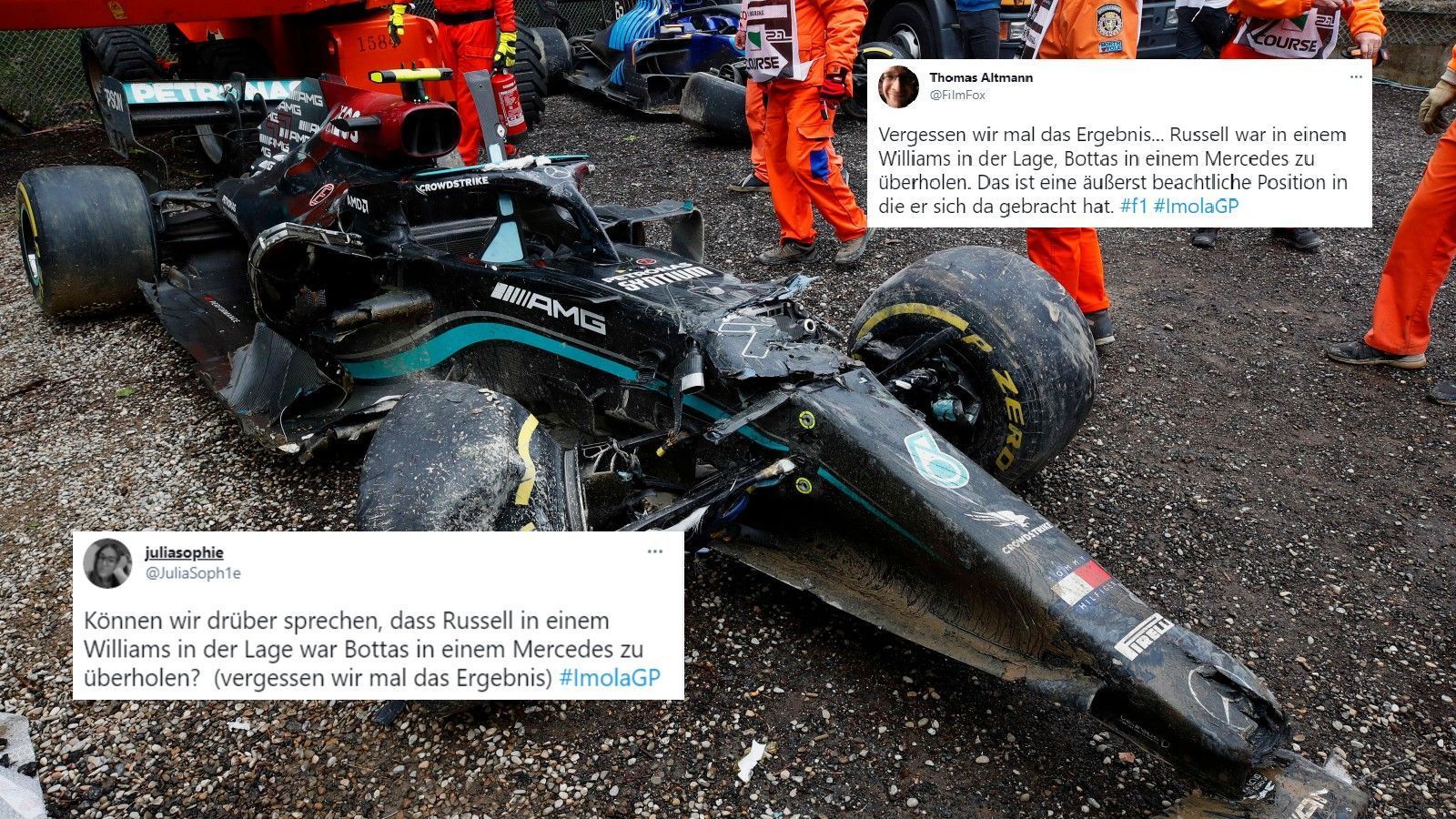 
                <strong>Williams konnte Mercedes überholen</strong><br>
                Vielmehr sind die Fans beeindruckt, dass es zum Unfall nur kommen konnte, weil Russell in seinem eigentlich extrem langsamen Williams Bottas im Mercedes überholen konnte.
              