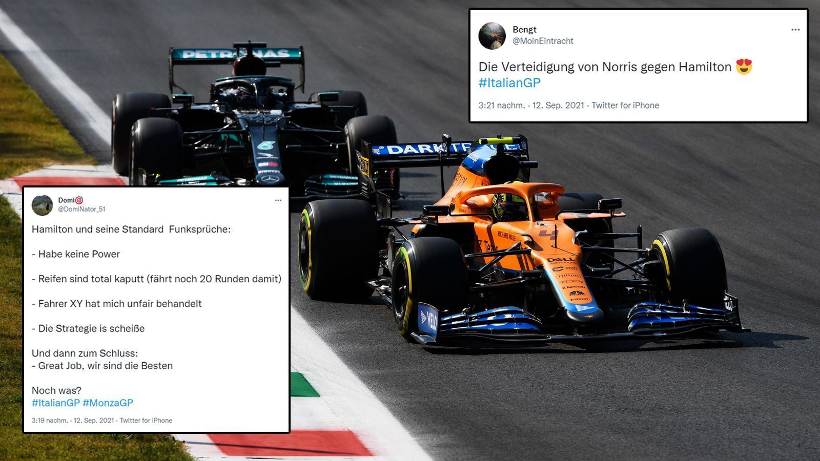 
                <strong>Lewis Hamilton kommt nicht an Lando Norris vorbei</strong><br>
                Für Hamilton lief schon der Rennstart nicht optimal. Erst scheiterte er an Verstappen, dann kam er nicht an Lando Norris vorbei. Der jüngere Landsmann wehrte selbst DRS-Attacken ab. 
              