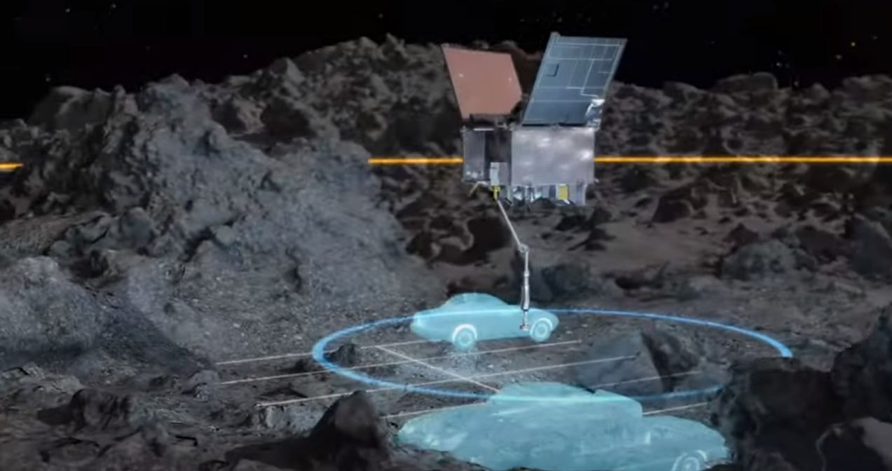 Das Landegebiet der Sonde: so groß wie ein Autoparkplatz. Die Forscher:innen waren überrascht, dass der Asteroid nicht nur ein Haufen Staub ist, sondern von großen Gesteinsblöcken bedeckt wird.