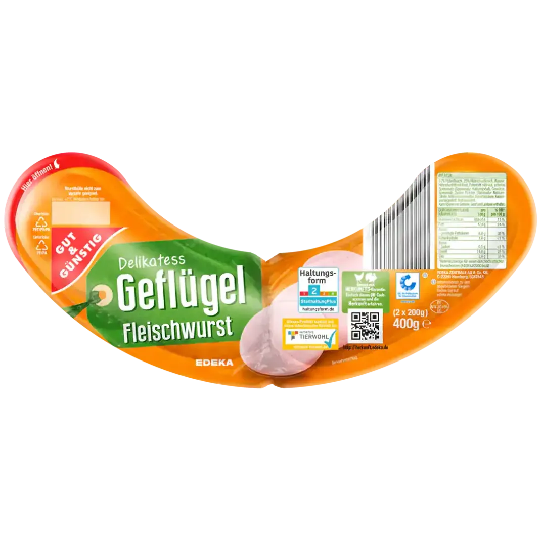 Die Gut&amp;Günstig Delikatess-Geflügel-Fleischwurst wurde im Rahmen des Herstellungsprozesses nicht erhitzt. Daher warnen der Hersteller sowie Edeka und Marktkauf davor, diese zu essen.