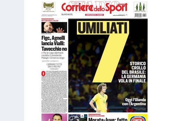 
                <strong>Corriere dello Sport (Italien)</strong><br>
                Auch die italienische Sportzeitung "Corriere dello Sport" spricht im Zusammenhang mit dem 7:1 der deutschen Elf gegen Brasilien von einer "Demütigung" (Umiliati) für die Südamerikaner.
              