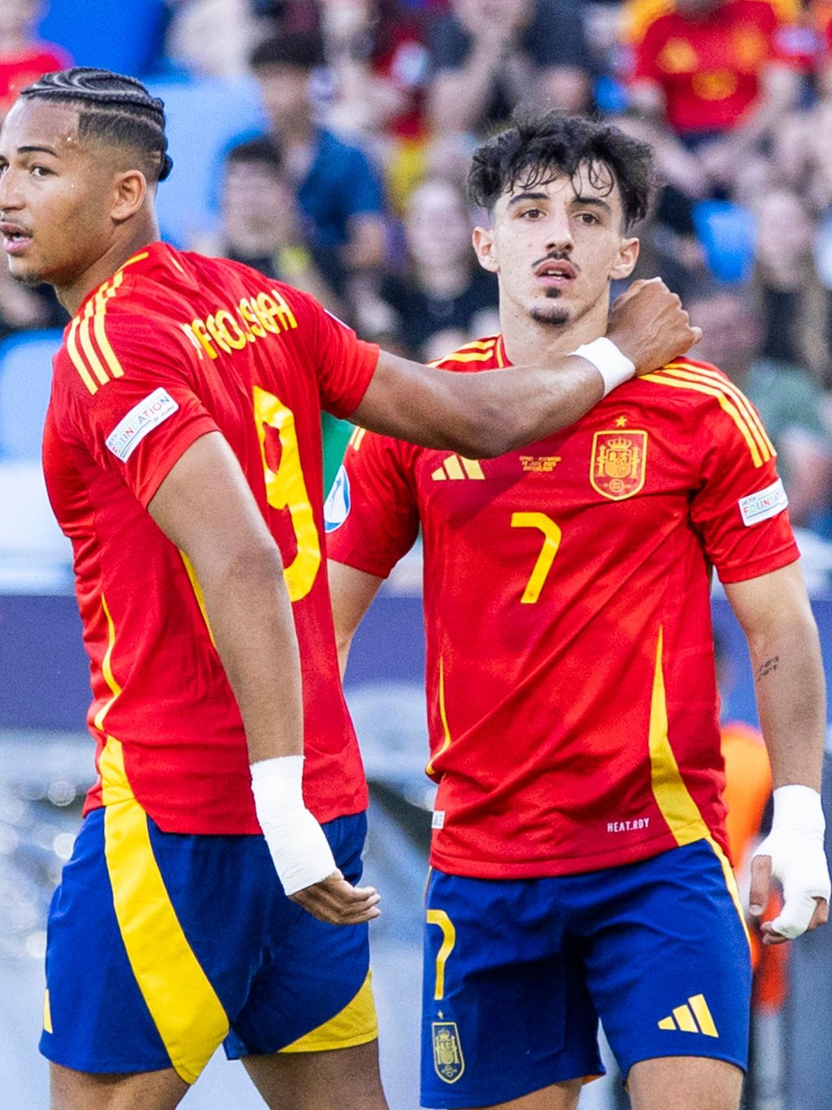 Fußball, U21 EM, Spanien - Rumänien UEFA U21, U 21 Europameisterschaft: Spanien - Rumänien; 14.06.2025 Mateo Joseph (Spanien, 9), Diego Lopez (Spanien, 7) bei der UEFA U21-Europameisterschaft im Sp...