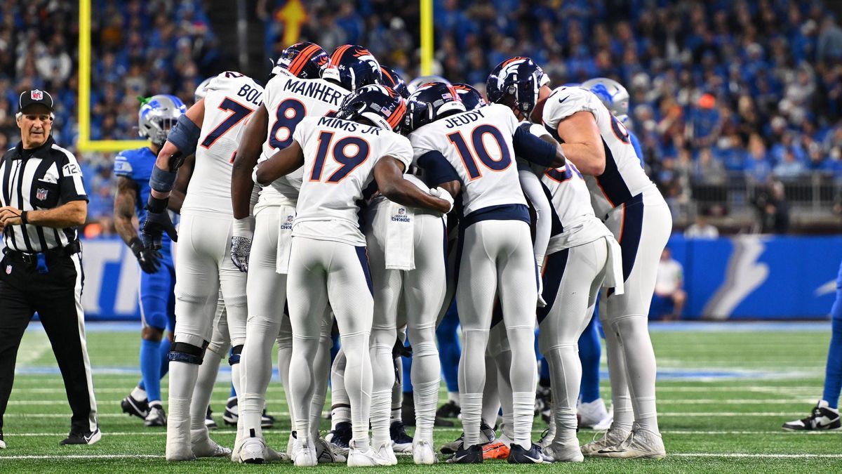 DETROIT, MI - DECEMBER 16: The Denver Broncos huddle during the Detroit Lions versus the Denver Broncos game on Saturday December 16, 2023 at Ford Field in Detroit, MI. (Photo by Steven King Icon S...