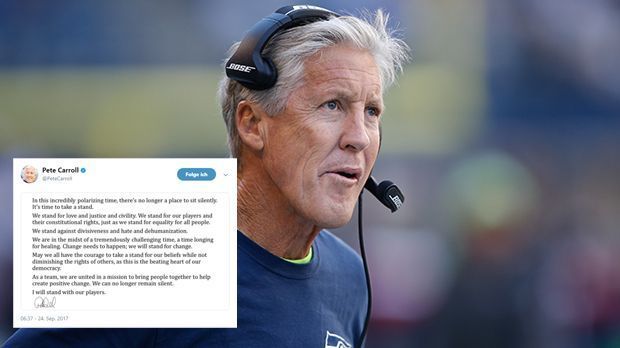 
                <strong>Pete Carroll (Head Coach Seattle Seahawks)</strong><br>
                Seahawks-Head-Coach Pete Carroll fand deutliche Worte: "Es ist an der Zeit, Flagge zu zeigen", schrieb er auf Twitter. "Wir stehen für Liebe und Gerechtigkeit und Höflichkeit. Wir brauchen Veränderung; wir werden für Veränderung einstehen. Wir können nicht länger schweigen. Ich werde mit meinen Spielern stehen." 
              