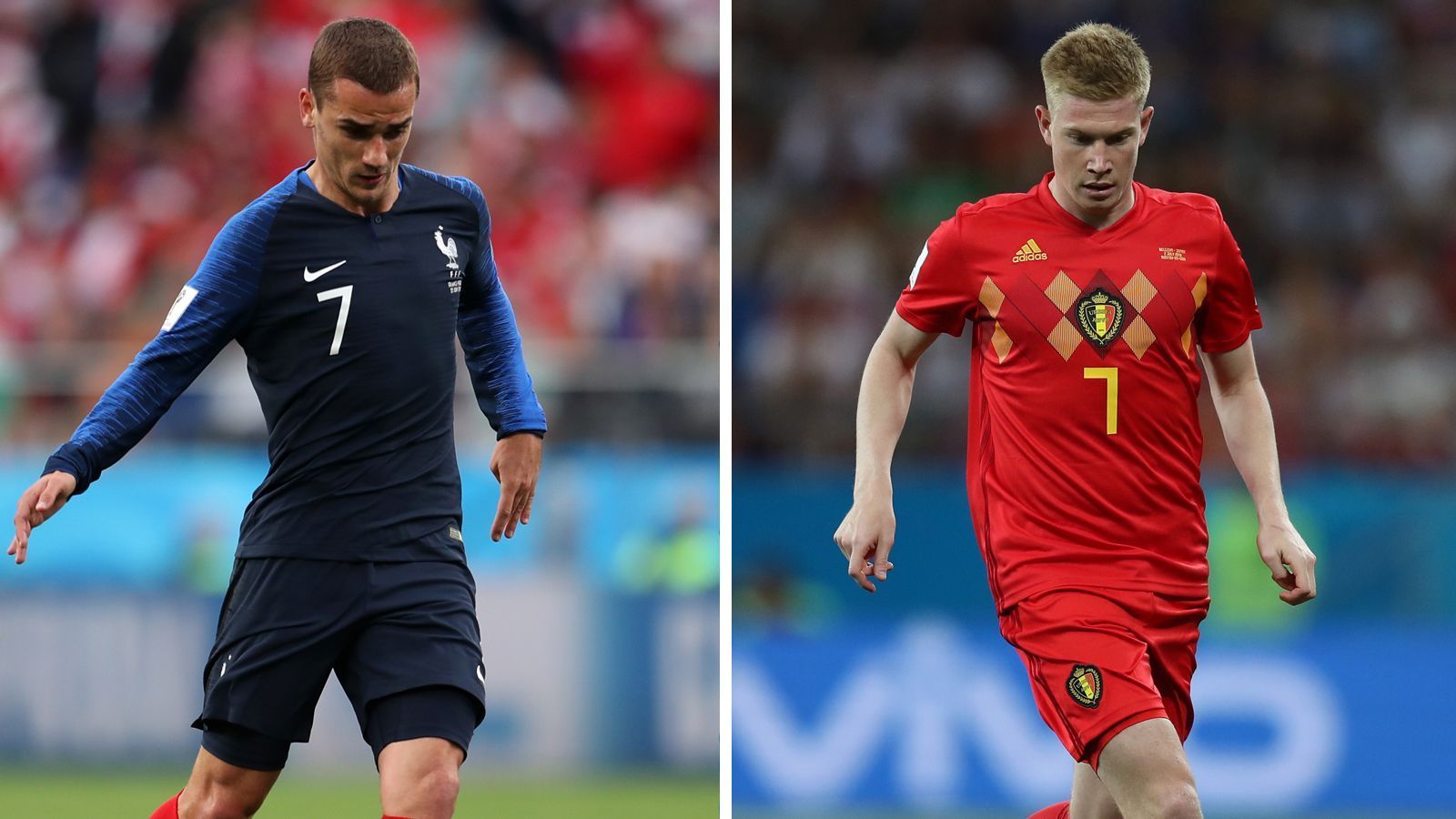 
                <strong>Antoine Griezmann vs. Kevin De Bruyne </strong><br>
                Ein ganz enges Duell der beiden Superstars, die den Stil ihrer Teams prägen. De Bruyne kann sich hier mit knappem Vorsprung behaupten, weil er mehr Einfluss auf das Spiel der Belgier hat. Er ist einen Tick besser im Umschaltspiel und hat einen etwas direkteren Zug zum Tor als Griezmann. Allerdings muss man auch festhalten, dass De Bruyne diese Leistung erst nach einer Systemumstellung vor dem Brasilien-Spiel zeigen konnte, die ihm mehr offensiven Freiraum gab. Punkt für De Bruyne
              