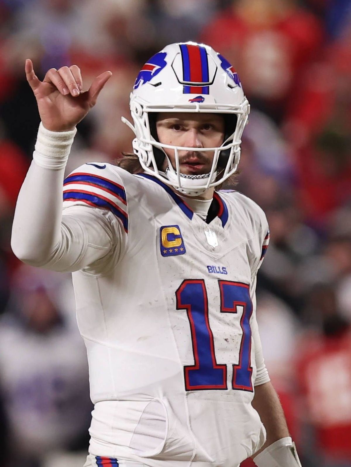 KANSAS CITY, MO - JANUARY 26: Buffalo Bills quarterback Josh Allen (17) signals to his wide receivers before the snap in the third quarter of the AFC Championship game between the Buffalo Bills and...