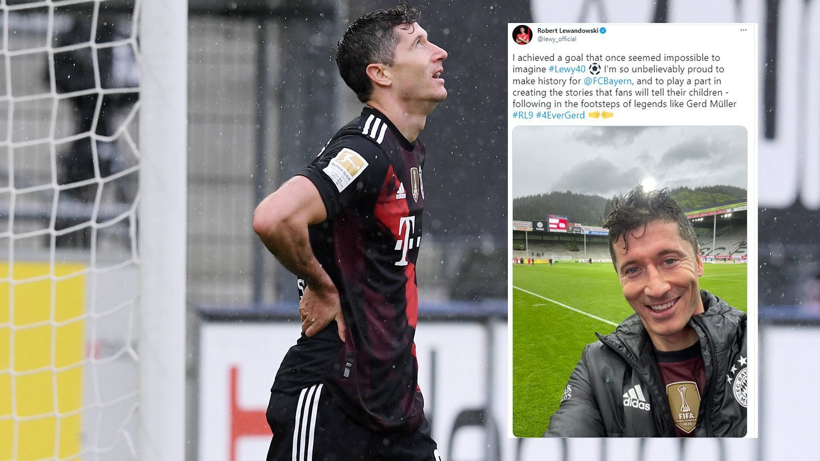 
                <strong>So feiert Bayern-Star Robert Lewandowski seine 40-Tore-Marke</strong><br>
                Nach dem Spiel meldete sich Lewandowski in den sozialen Medien zu Wort. "Ich erreichte ein Ziel, das einstmals unerreichbar erschien #Lewy40. Ich bin so unglaublich stolz, Geschichte geschrieben zu haben für den FC Bayern und einen Teil zu einer Geschichte beigetragen zu haben, den Fans ihren Kindern erzählen werden – ich folge in den Fußstapfen von Legenden wie Gerd Müller", schrieb Lewandowski auf Twitter nach seinem 40. Saisontor. 
              