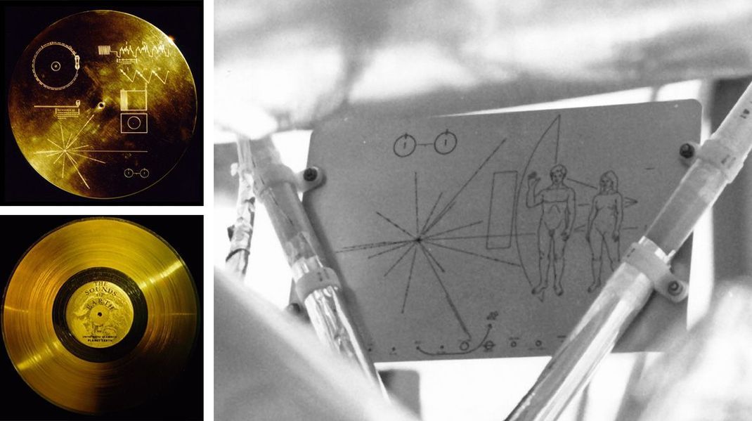 Die Infoplatte der Voyager- (links) und Pioneer-Sonden von 1972/73 : Hier ritzten die Wissenschaftler die Umrisse von nackten Menschen ein - was in den USA für ordentlich Wirbel sorgte ("Huch, was sollen die Aliens bloß von uns denken!")