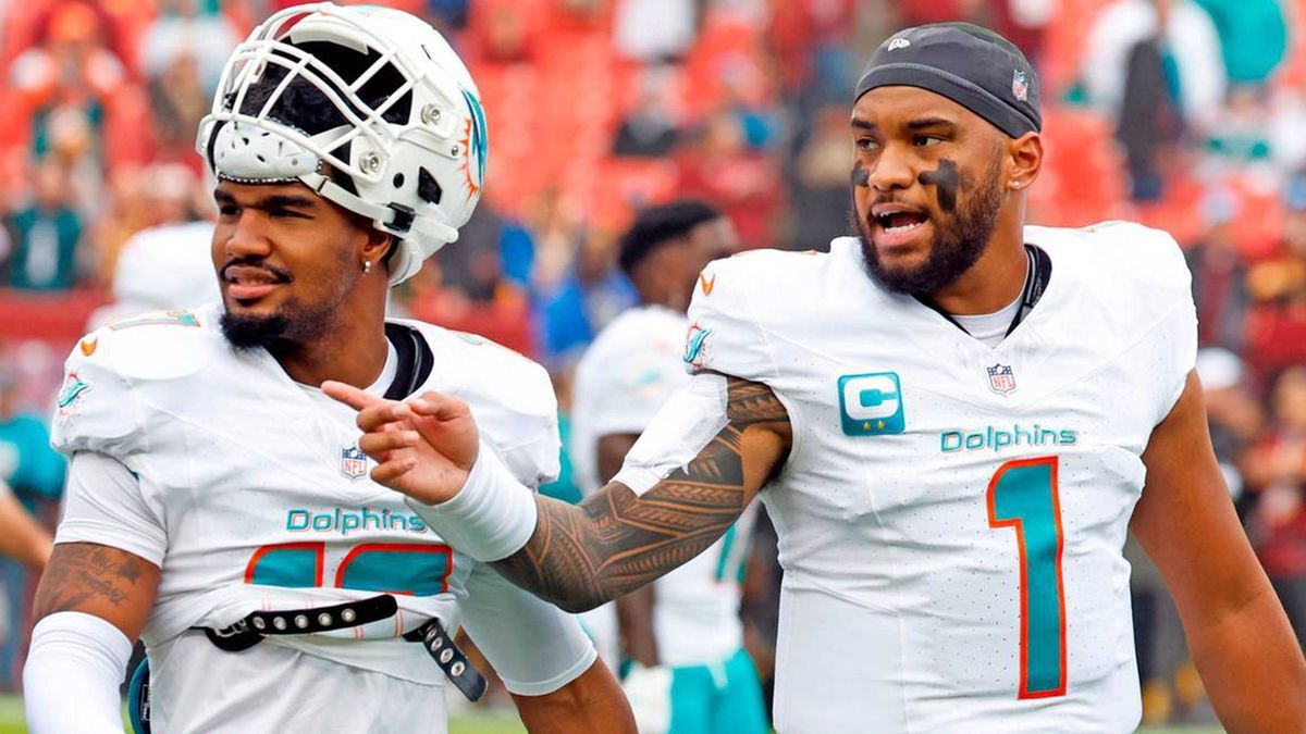 February 7, 2024: Miami Dolphins quarterback Tua Tagovailoa (1) and wide receiver Jaylen Waddle (17) walk off the field to the locker room after warmups in preperation for the game against the Wash...