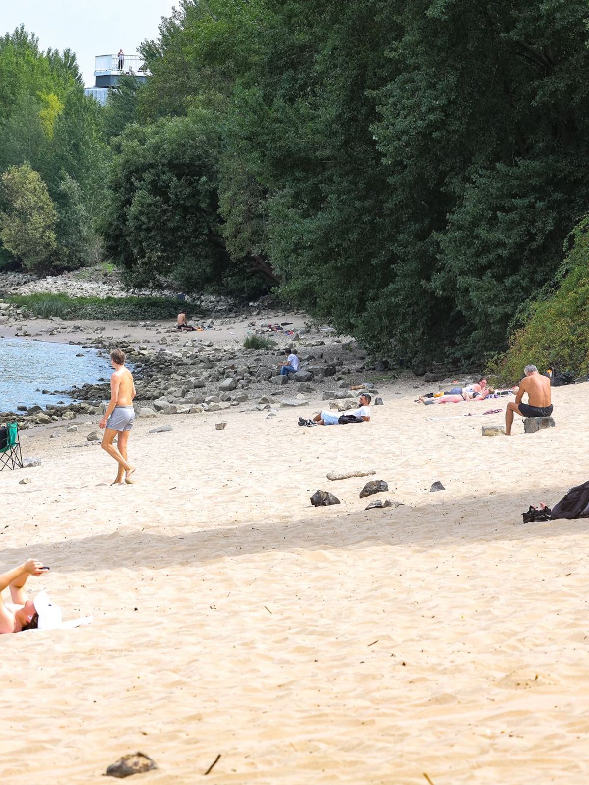 Düsseldorf: Menschen sitzen am Paradiesstrand am Rhein. In der nordrhein-westfälischen Landeshauptstadt gilt ab heute ein Badeverbot im Rhein.