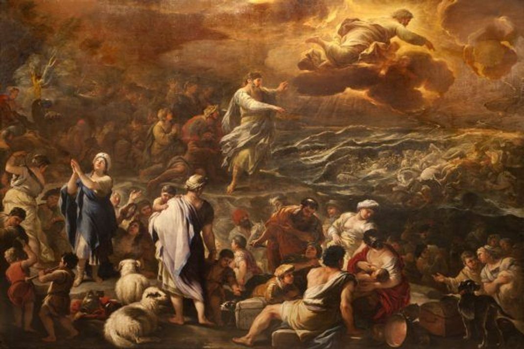 Gott teilt das Rote Meer, um Mose und dem jüdischen Volk die Flucht vor den Ägyptern zu ermöglichen. Diese Szene zeigt das Gemälde von Luca Giordano mit dem Titel "Passaggio del Mar Rosso".