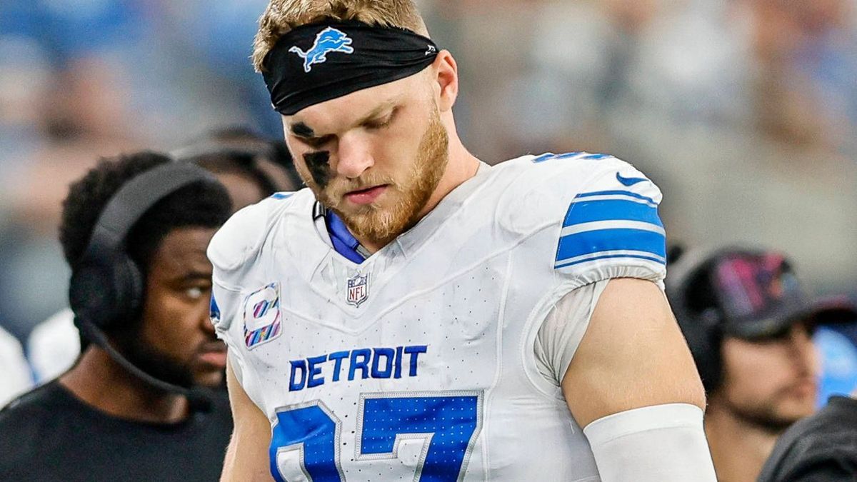 ARLINGTON, TX - OCTOBER 13: Detroit Lions defensive end Aidan Hutchinson (97) walks along the sidelines during the game between the Dallas Cowboys and the Detroit Lions on October 13, 2024 at AT&T ...