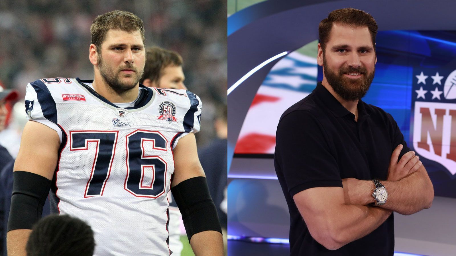 
                <strong>Sebastian Vollmer 2009 und heute</strong><br>
                Links: Ein NFL-Rookie der New England Patriots. Rechts: Ein zweifacher NFL-Champ, ranNFL-Experte und Bestseller-Autor. 
              