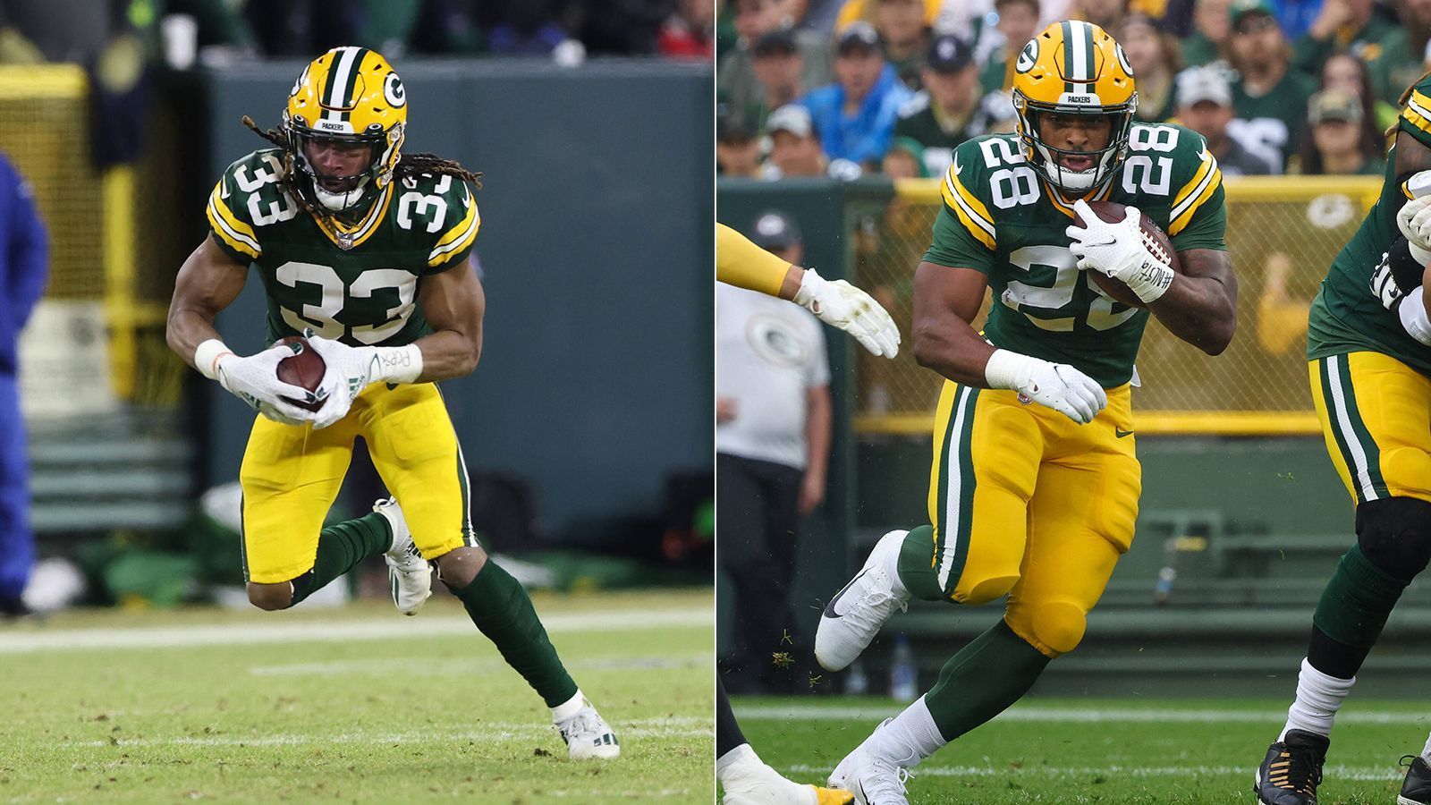 
                <strong>A.J. Dillon vs. Aaron Jones</strong><br>
                Zugegeben, sowohl A.J. Dillon als auch Aaron Jones werden im Offensiv-Konzept der Green Bay Packers ihre Einsatzzeiten bekommen. Beide Running Backs sammelten vergangene Saison knapp 800 Rushing Yards. Beide stellten mit knapp drei Yards nach dem Erstkontakt mit einem Gegenspieler und je mehr als 30 gebrochenen Tackles ihre Qualitäten als Läufer unter Beweis.
              