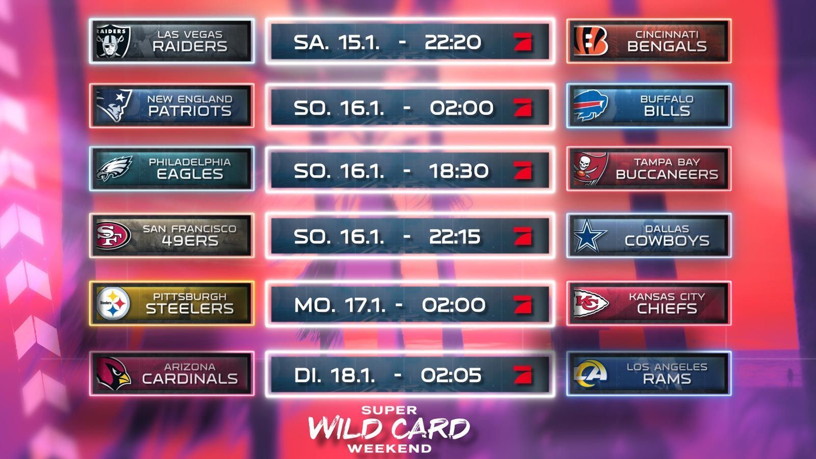 
                <strong>NFL-Playoffs: Alle Sendezeiten der Wild Card Round im Überblick</strong><br>
                Alle Spiele der NFL-Playoffs seht ihr live auf ProSieben und auf ran.de. Die Sendezeiten der Wild Card Round im Überblick.
              