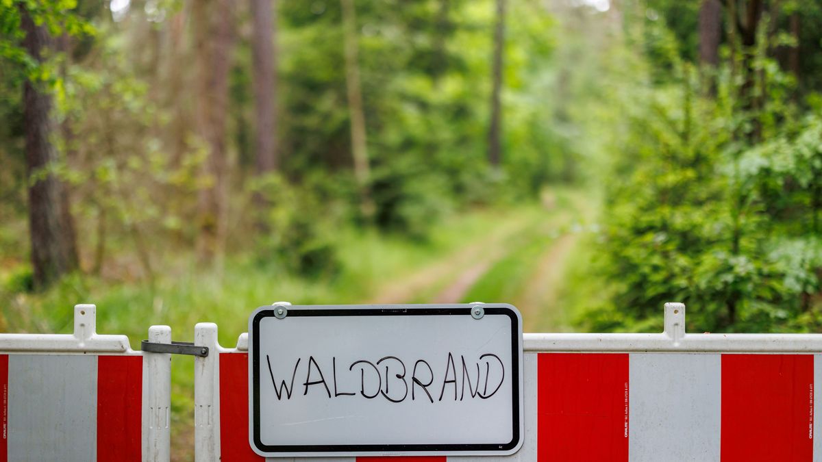 "Waldbrand" steht auf dem Schild an einem Absperrzaun im Tenneloher Forst bei Erlangen.