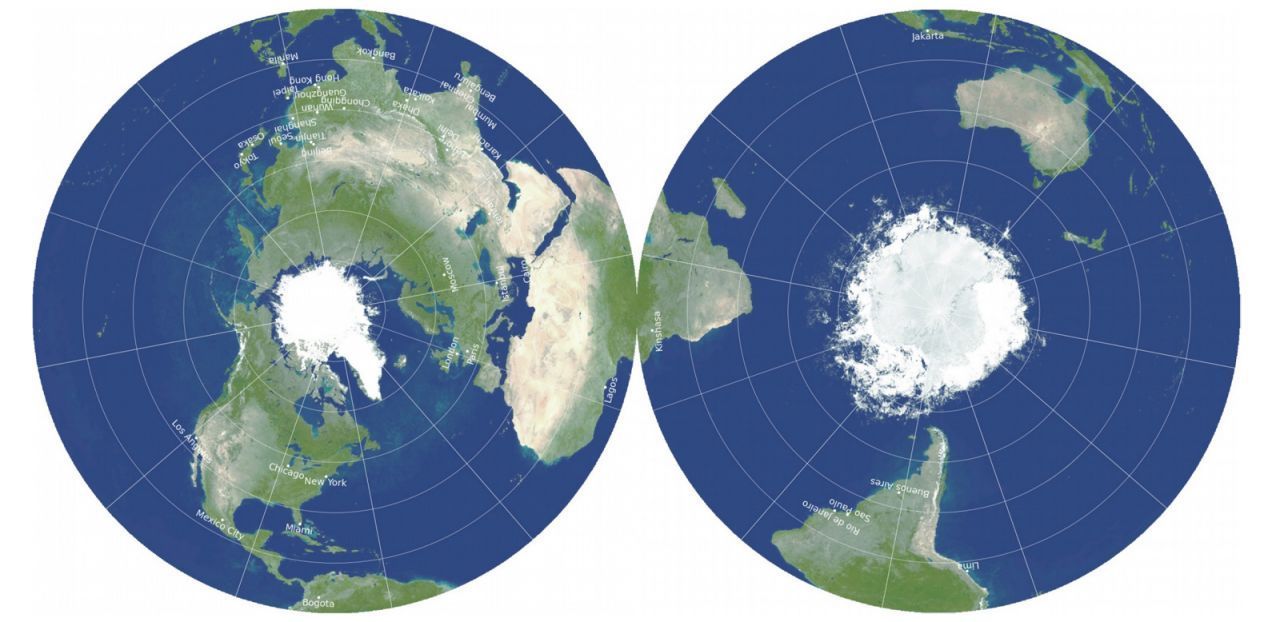 Die Projektion "Double-sided Gott Equidistant Azimuthal" unterteilt die Welt in 2 Teile. Das macht sie genau, aber nicht gerade leserlich.