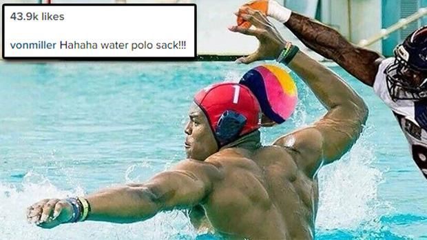 
                <strong>Von Miller verfolgt Cam Newton beim Wasserball</strong><br>
                ... Von Miller veröffentlicht daraufhin dieses Photoshop-Bild auf Instagram. Der Linebacker machte der gesamten Panthers-Offense und insbesondere Cam Newton im Super Bowl das Leben schwer. Jetzt blockt er den Quarterback sogar beim Wasserball. Zumindest im Internet ...
              