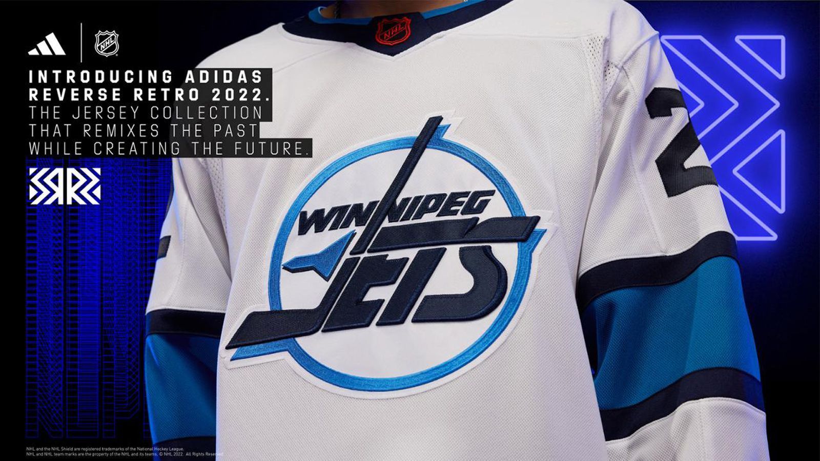 
                <strong>Winnipeg Jets</strong><br>
                Die Jets verzichten in ihrem neuen Trikot auf Rot und setzen stattdessen auf Königsblau und eine strahlend weiße Grundfarbe. Das Design des Reverse-Retro-Trikots von 2022 wurde vom Trikot aus dem Jahr 1990 inspiriert, dem Eröffnungsjahr des Trikots, das Teemu Selanne trug, als er 1992/93 den Rookie-Torrekord aufstellte.
              