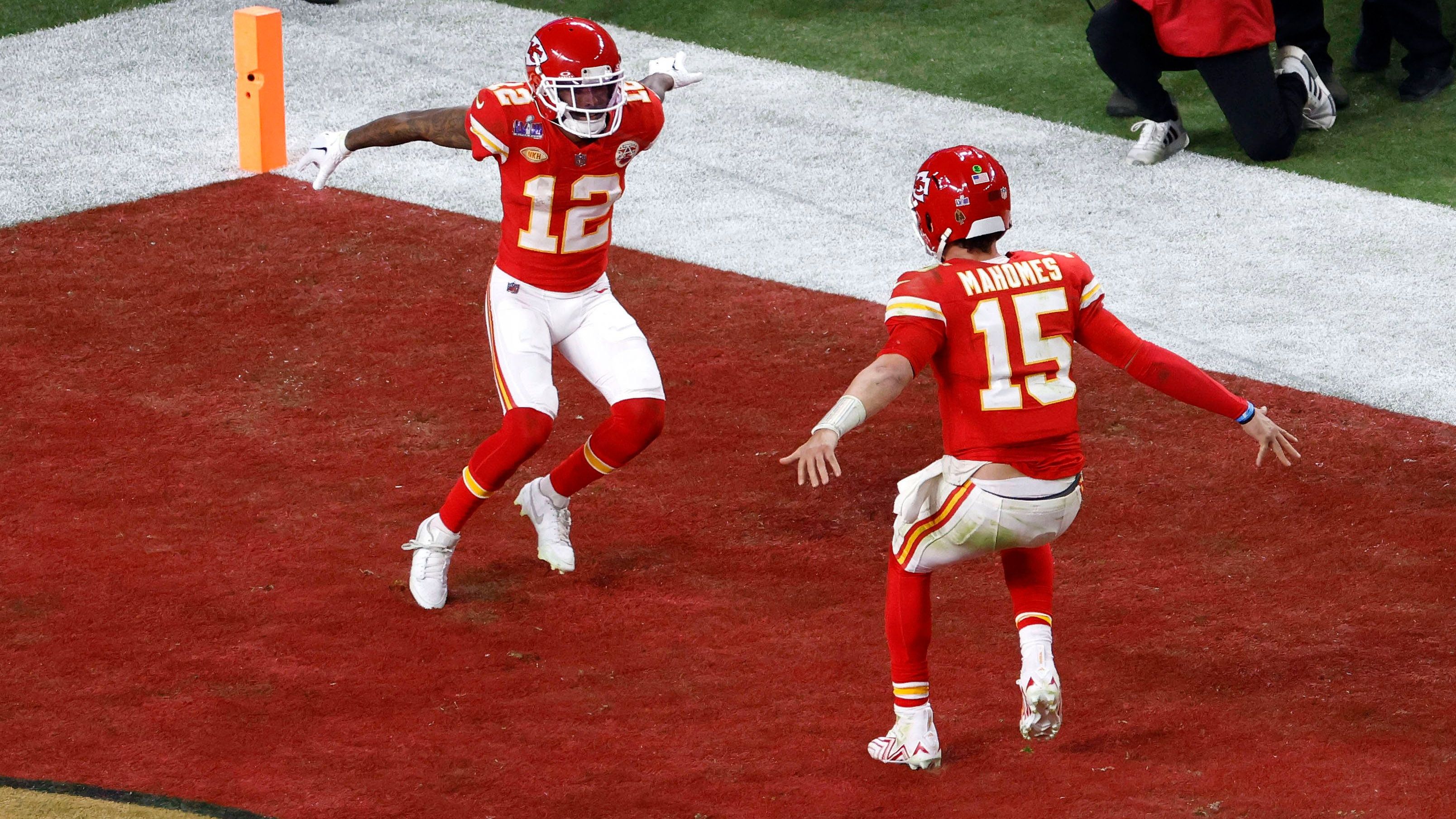 <strong>Kansas City Chiefs: 13 Spieler</strong><br>Isiah Pacheco (9), Rashee Ride (7), Travis Kelce (5), Jerick McKinnon (5), Justin Watson (3), Clyde Edwards-Helaire (2), Noah Grey (2), Blake Bell (1), Bryan Cook (1), Mike Edwards (1), Skyy Moore (1), Kadarius Toney (1), Marquez Valdes-Scantling (1)