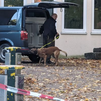 Ein Polizist steht mit einem Spürhund vor einem Schulgebäude in Erfurt.