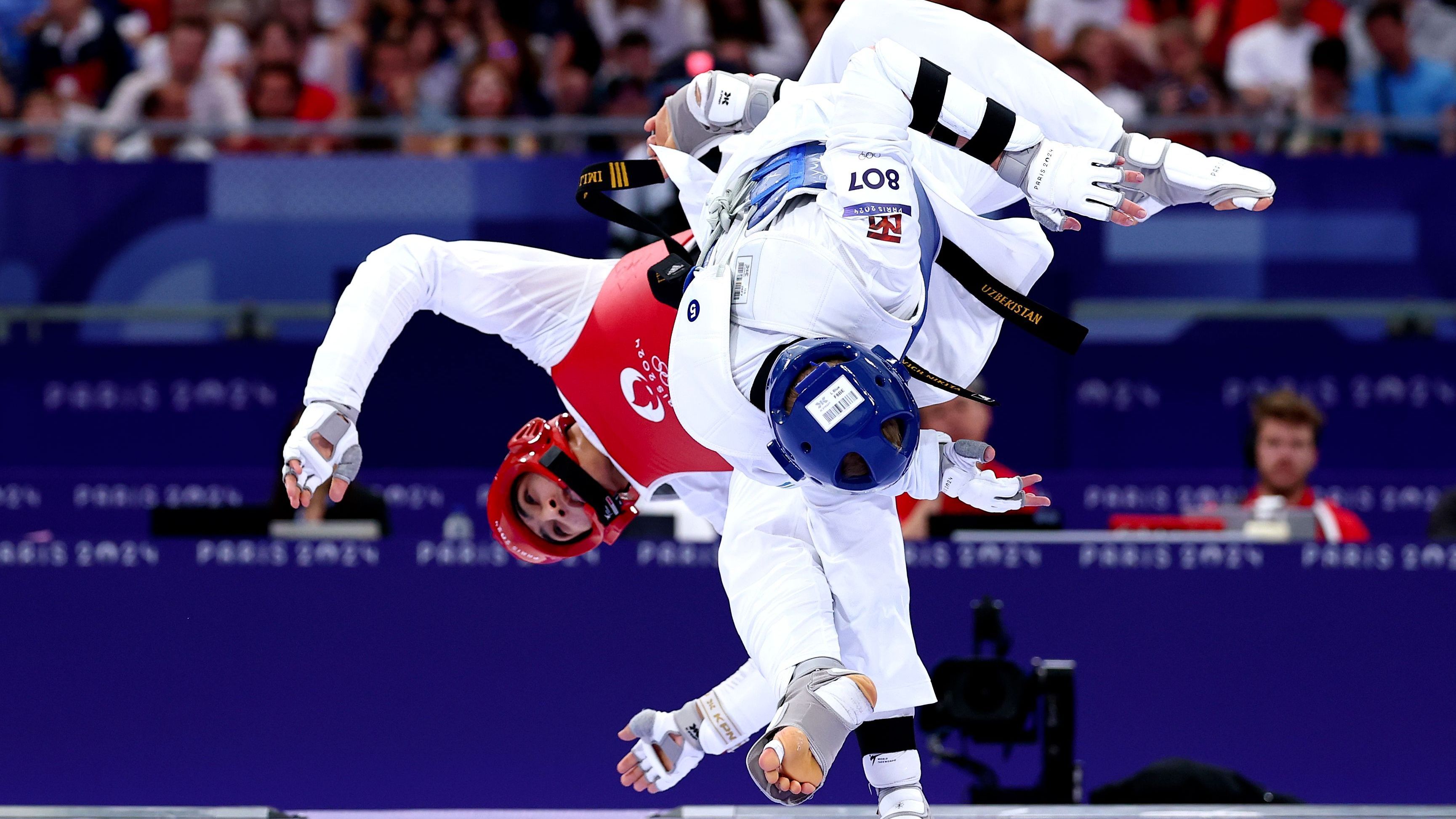 <strong>Olympia 2024: Die besten Bilder des 15. Tages</strong><br>Spektakuläre Bilder liefert der Taekwondo-Wettbewerb der Frauen bis 67 Kilogramm.