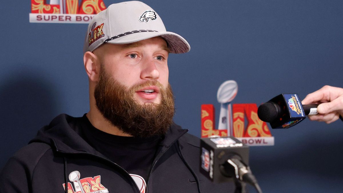 Philadelphia Eagles Lane Johnson speaks at a media availability for Super Bowl LIX in New Orleans, Louisiana on Tuesday, February 4, 2025. Super Bowl LIX between the Kansas City Chiefs and the Phil...