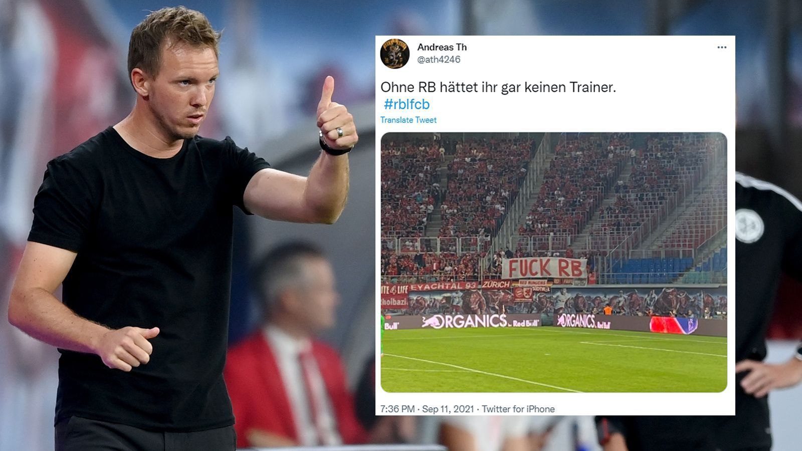 
                <strong>Guter Konter</strong><br>
                "Ohne RB hättet ihr gar keinen Trainer", schreibt Twitter-User "ath4246" zu einem Bild der Beleidigungen der Bayern-Fans in Leipzig. 
              