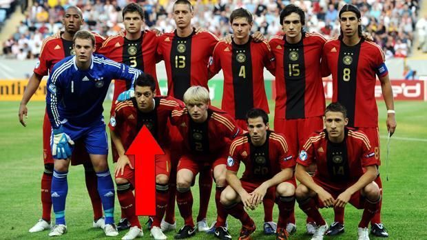 
                <strong>Vordere Reihe, 2. von links: Mesut Özil</strong><br>
                Wie Neuer konnte auch Özil schon vor dem Turnier sein Debüt in der A-Nationalmannschaft feiern. Bei der U21-EM war er der zentrale deutsche Spielgestalter. Nachdem er sich bei der WM 2010 in Südafrika auf der großen internationale Bühne etablierte, wechselte er zusammen mit Khedira zu Real Madrid. Wurde 2014 Weltmeister. 
              