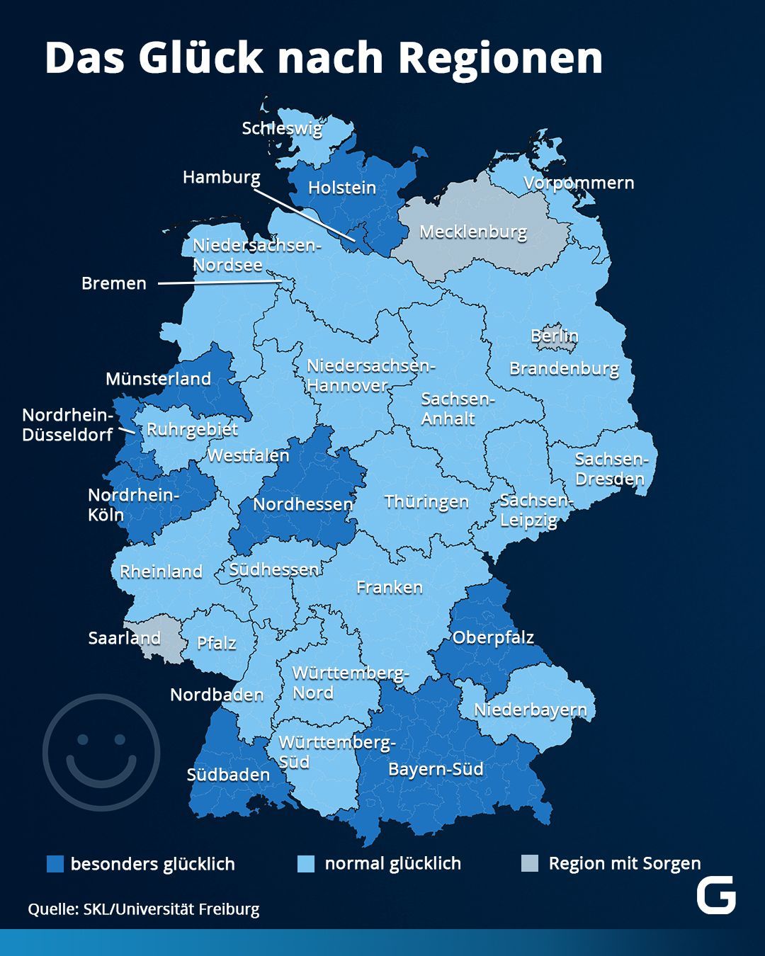Deutschland: Überblick der Regionen im Glücks-Ranking.