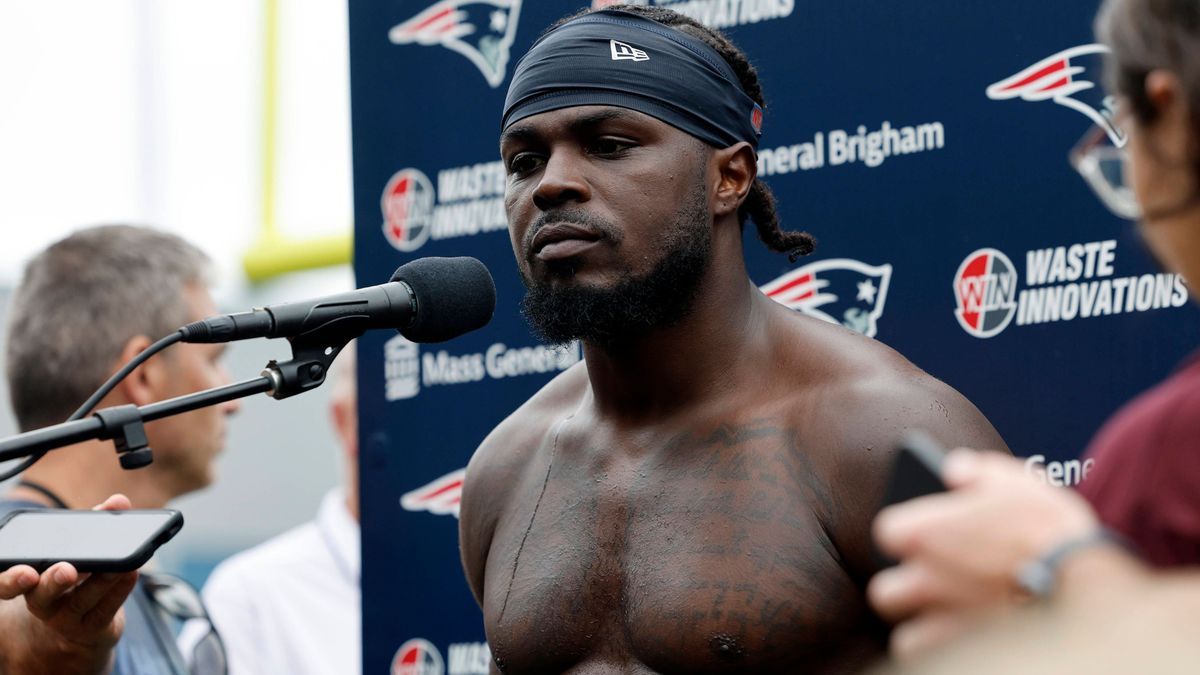 FOXBOROUGH, MA - JULY 24: New England Patriots defensive back Jabrill Peppers (5) fields questions during New England Patriots Training Camp on July 24, 2024, at Gillette Stadium in Foxborough, Mas...