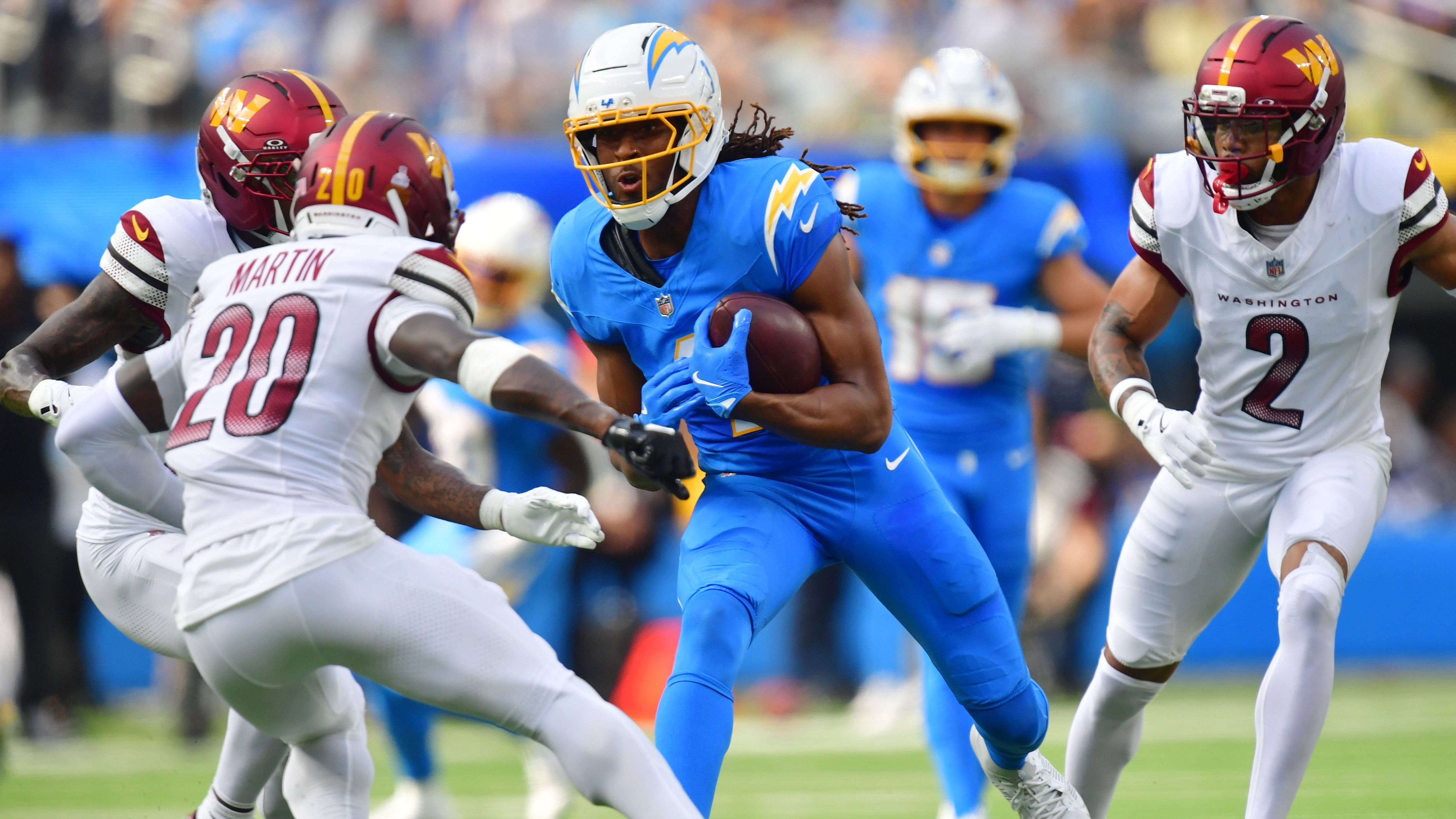 <strong>Quentin Johnston (Los Angeles Chargers)</strong><br>Chargers-Receiver Quentin Johnston gilt für die Partie gegen die Dolphins in Woche sechs zwar noch nicht offiziell als "out", laut "ESPN" ist es aufgrund einer Verletzung am Oberschenkel aber wahrscheinlich, dass er die Partie verpasst. Der Passempfänger war zuletzt als fraglich gelistet und konnte unter der Woche nur eingeschränkt trainieren.