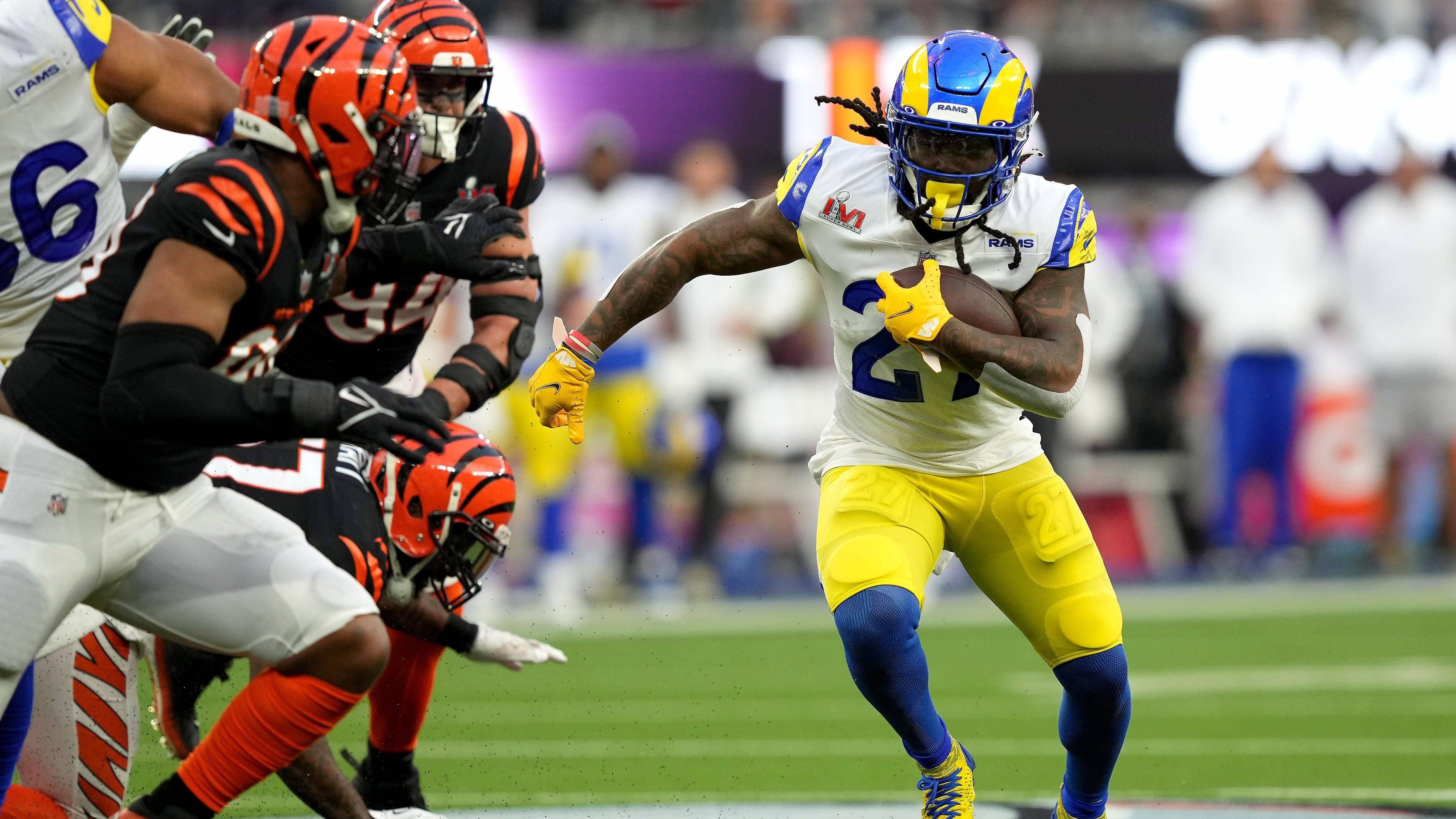 <strong>Platz 3 (geteilt): Los Angeles Rams</strong><br>Letzte Super-Bowl-Teilnahme: Saison 2021<br>Gegner: Cincinnati Bengals<br>Ergebnis: 23:20