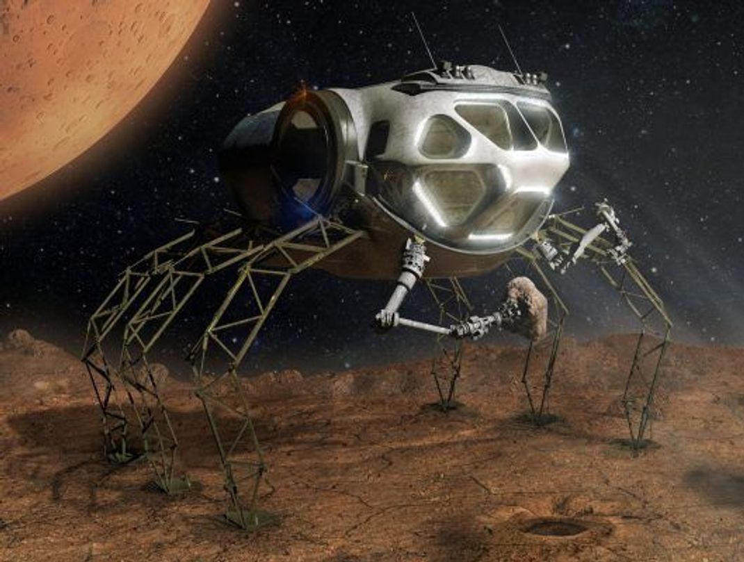 Bevor die NASA tatsächlich ein Raumfahrzeug ins All schickt, entwickeln ihre Ingenieur:innen unzählige Ideen, wie sich ein Himmelskörper am besten erforschen ließe. Hier das Konzept eines "hüpfenden" Forschungsmobils. Mit dem "Phobos Exploration Vehicle" könnte die NASA eines Tages Phobos, den größten Mond des Mars, erkunden.