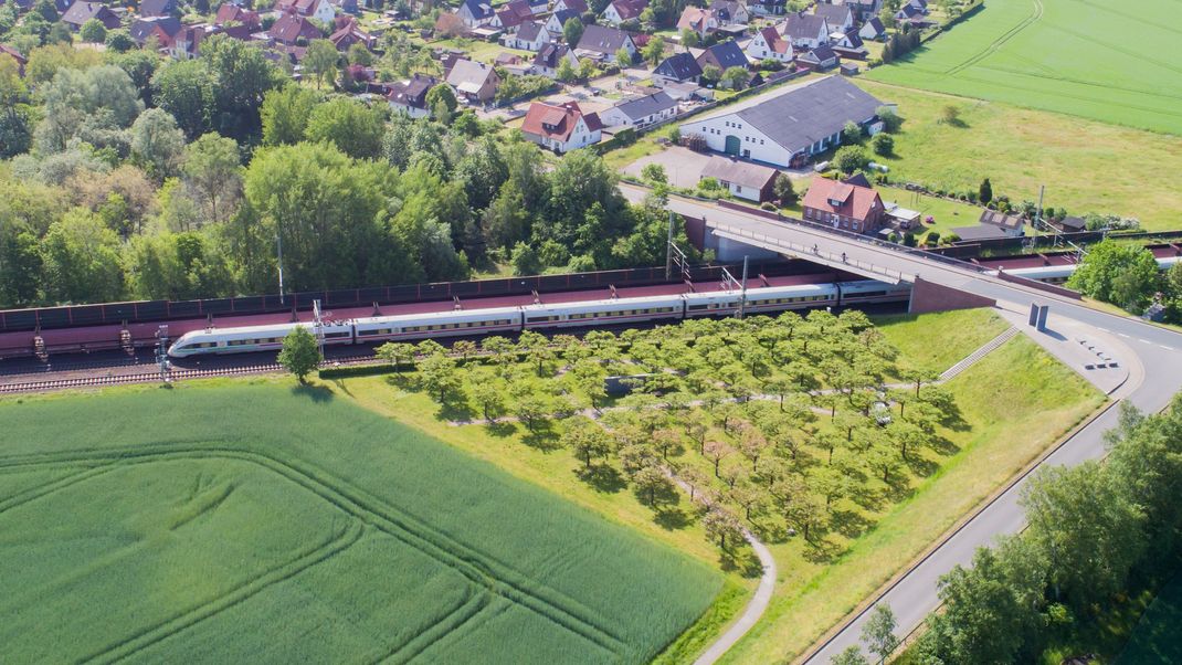 Ein ICE passiert die Gedenkstätte für die Opfer des ICE-Unglücks von Eschede im Landkreis Celle. 