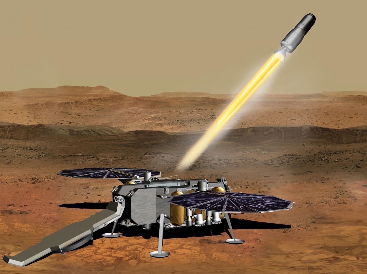 Mars Sample Return: In der zweiten Hälfte der 2020er-Jahre soll eine weitere Mission starten, um die Mars-Proben abholen.
